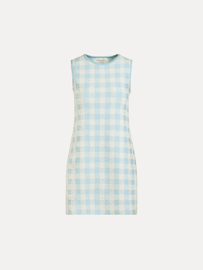 Sleeveless, texture jacquard, halter neck mini dress in Classic gingham pattern in pale blue and ivory. Front View.