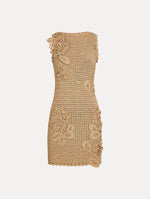 Taupe, halter neck mini dress with tonal porcelain flowers across an intricate hand-crocheted lattice, sculpted petals winding along the body. Front View.