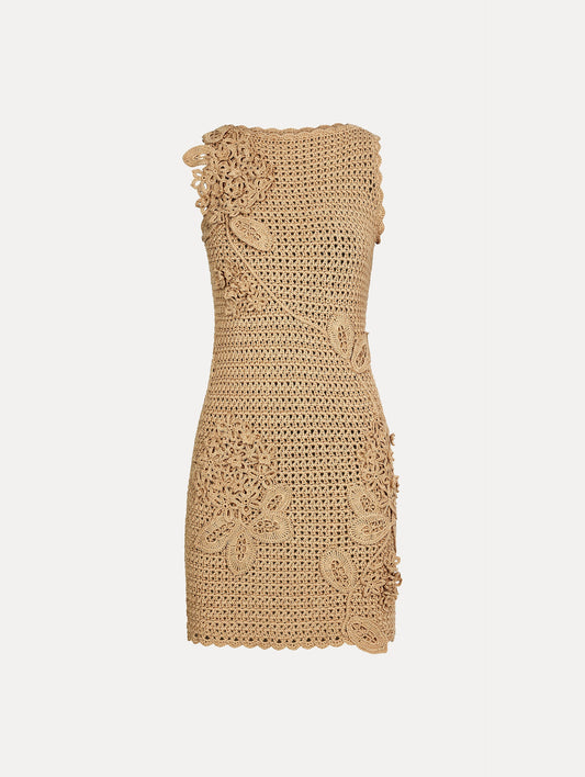 Taupe, halter neck mini dress with tonal porcelain flowers across an intricate hand-crocheted lattice, sculpted petals winding along the body. Front View.