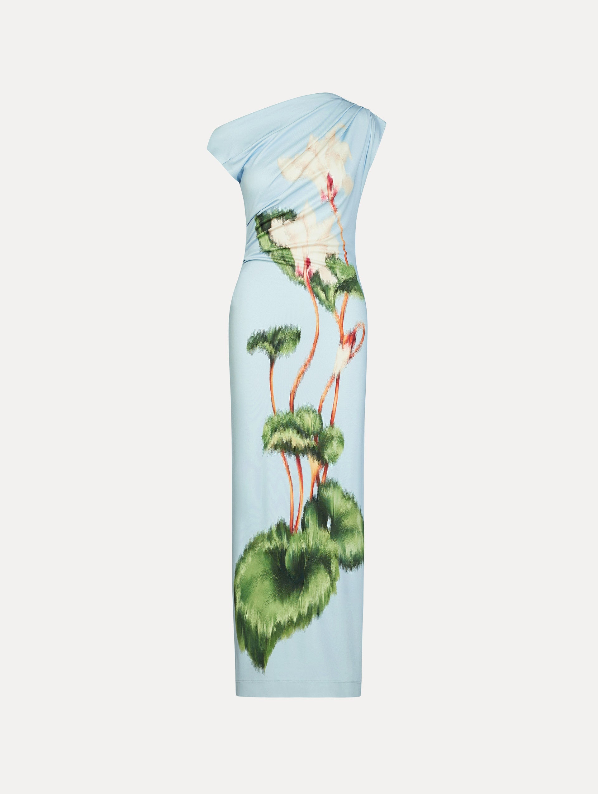 Light blue, ankle length jersey dress. Chiné Cyclamen motif with blurred edges. Asymmetric neckline, off the shoulder. Front view.