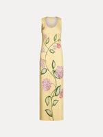 Porcelain Flower Jersey Dress in the colors Pink and Butter Yellow with scooped neckline and floral motif.