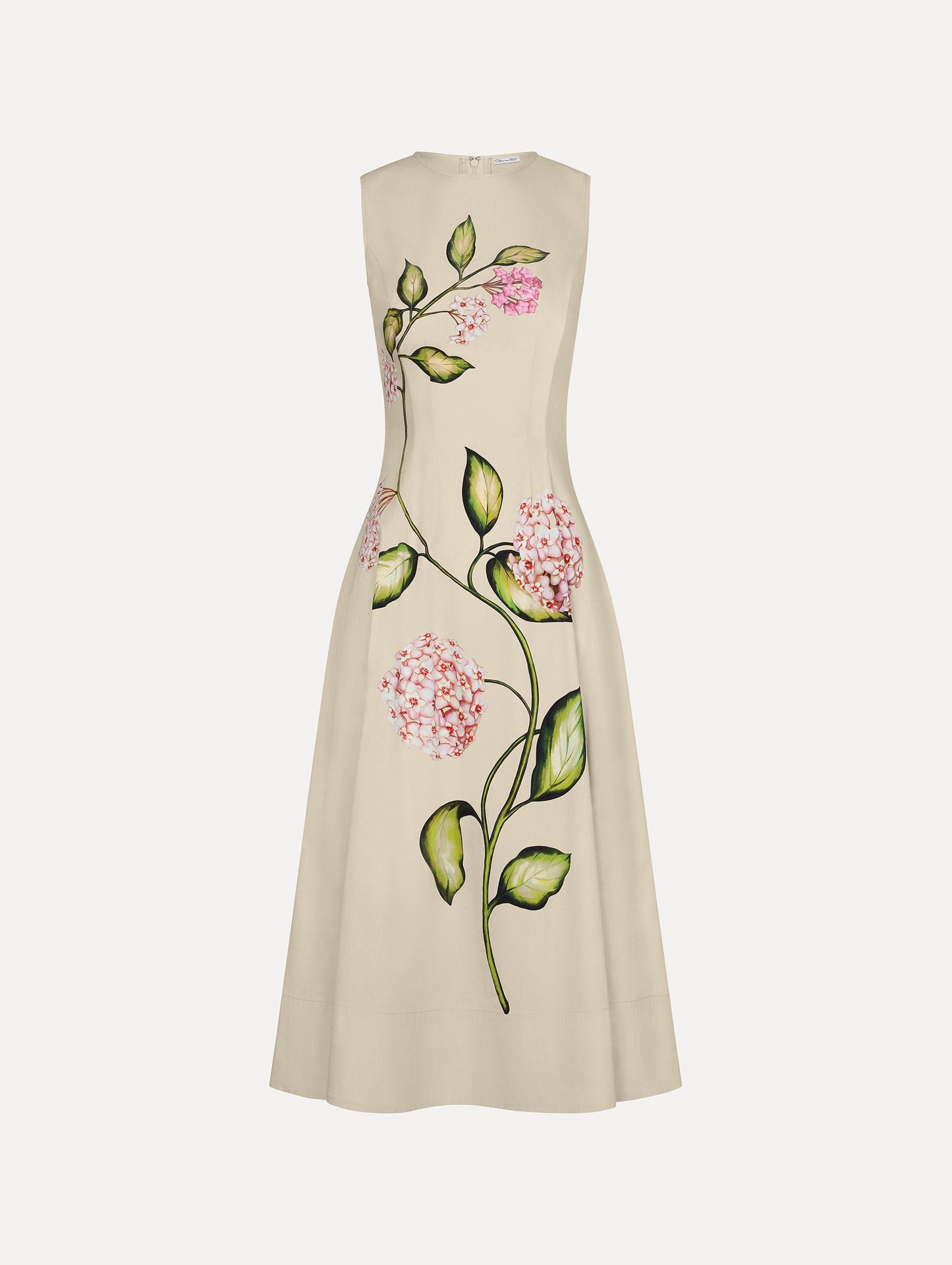 Porcelain Flower Cotton Poplin Sleeveless Dress in the colors Pink and Oatmeal featuring a floral print motif.