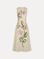 Porcelain Flower Cotton Poplin Sleeveless Dress in the colors Pink and Oatmeal featuring a floral print motif.