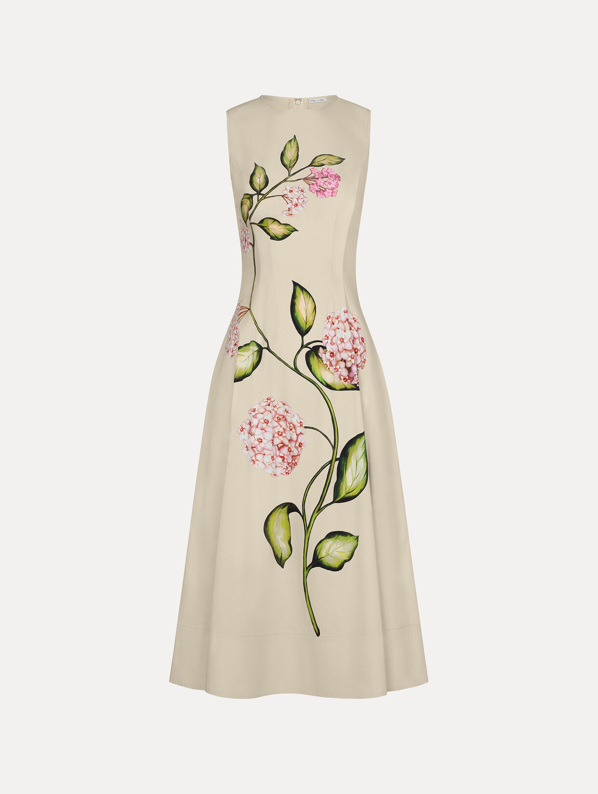 Porcelain Flower Cotton Poplin Sleeveless Dress in the colors Pink and Oatmeal featuring a floral print motif.