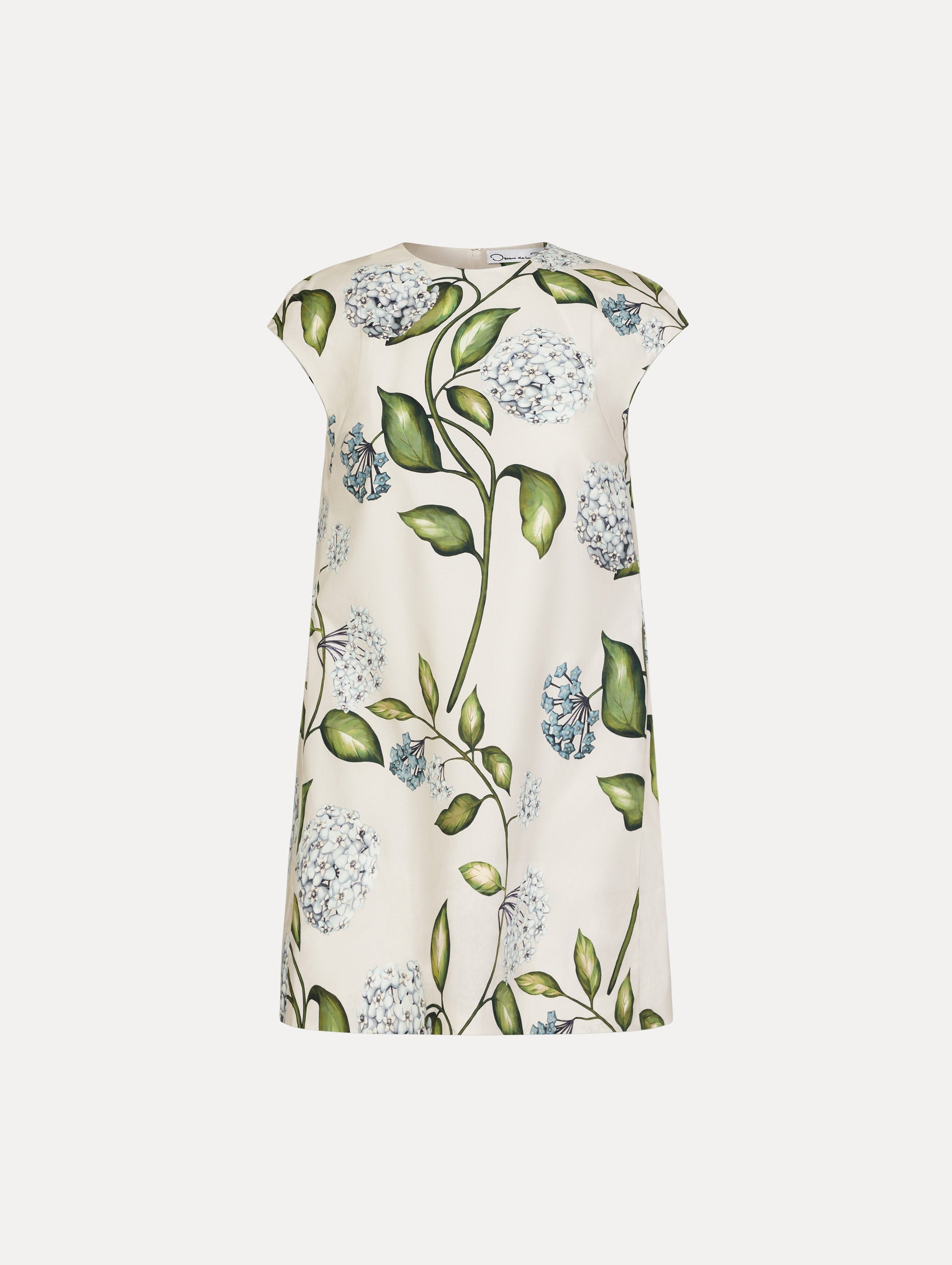 Porcelain Flower Cotton Poplin Mini Dress in the colors White and Denim Blue with A-line shape and floral print.