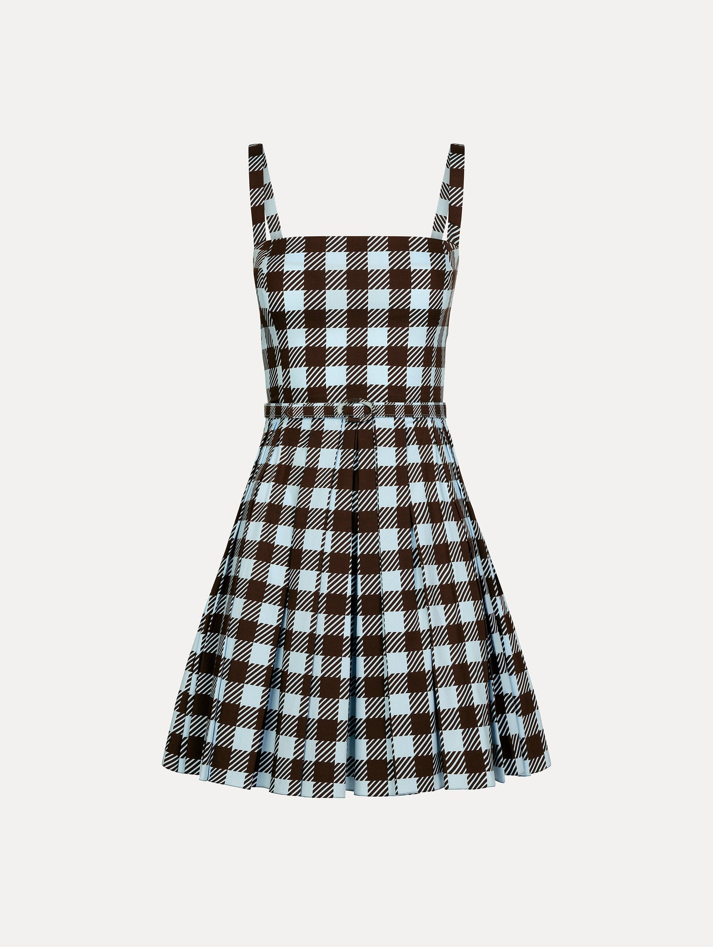 Ice Blue and Mahogany Gingham Cotton Poplin Sleeveless Mini Dress. Front View.