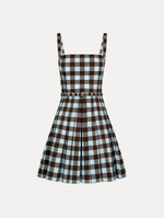 Ice Blue and Mahogany Gingham Cotton Poplin Sleeveless Mini Dress. Front View.