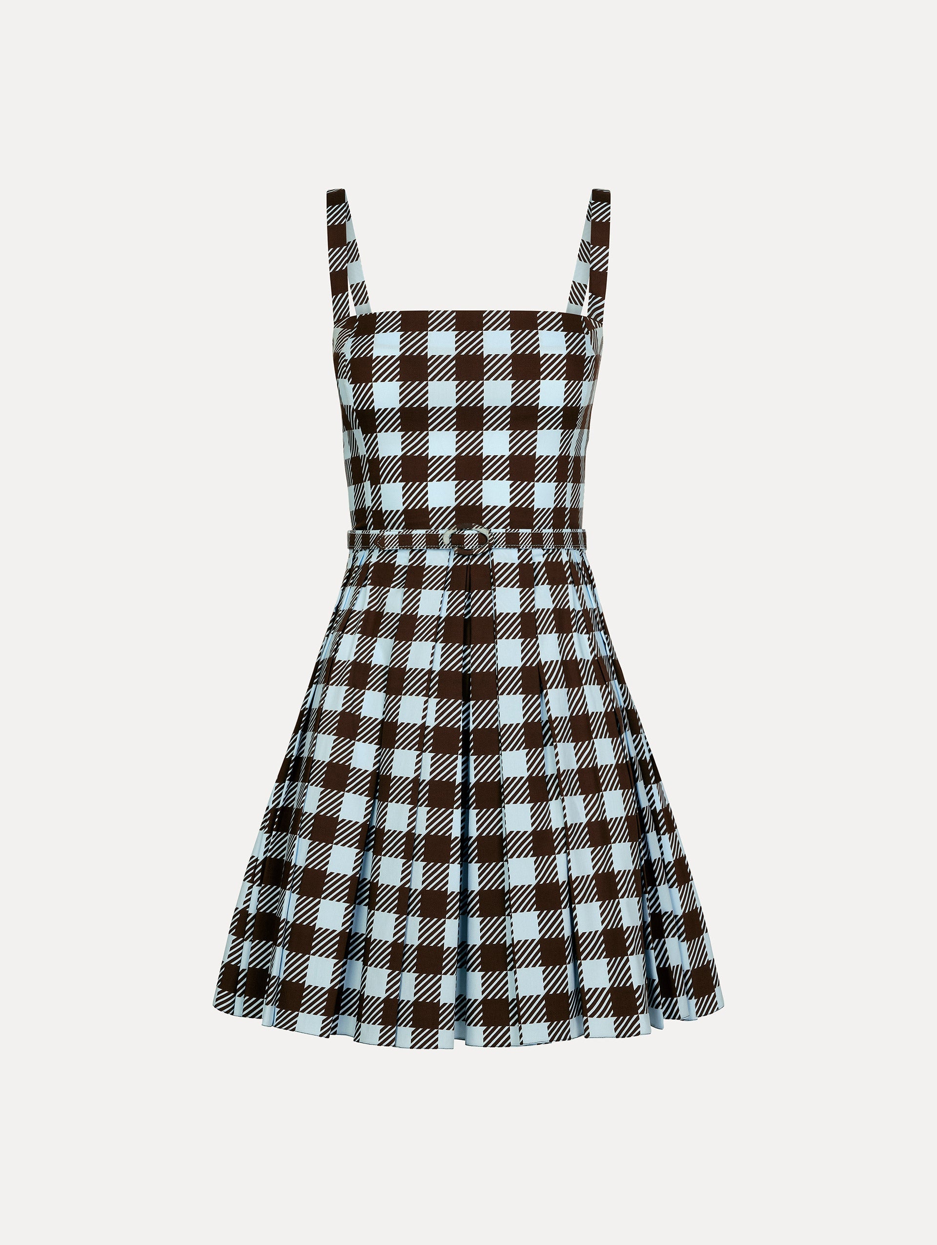 Ice Blue and Mahogany Gingham Cotton Poplin Sleeveless Mini Dress. Front View.