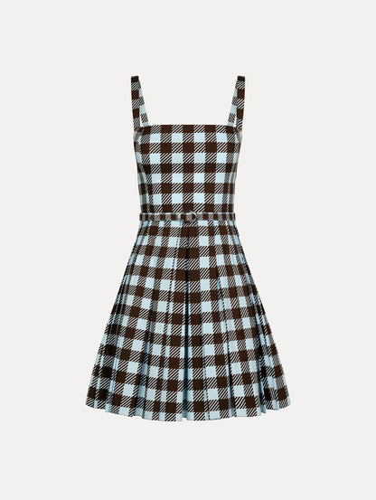 Ice Blue and Mahogany Gingham Cotton Poplin Sleeveless Mini Dress. Front View.