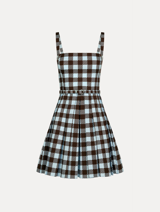 Ice Blue and Mahogany Gingham Cotton Poplin Sleeveless Mini Dress. Front View.