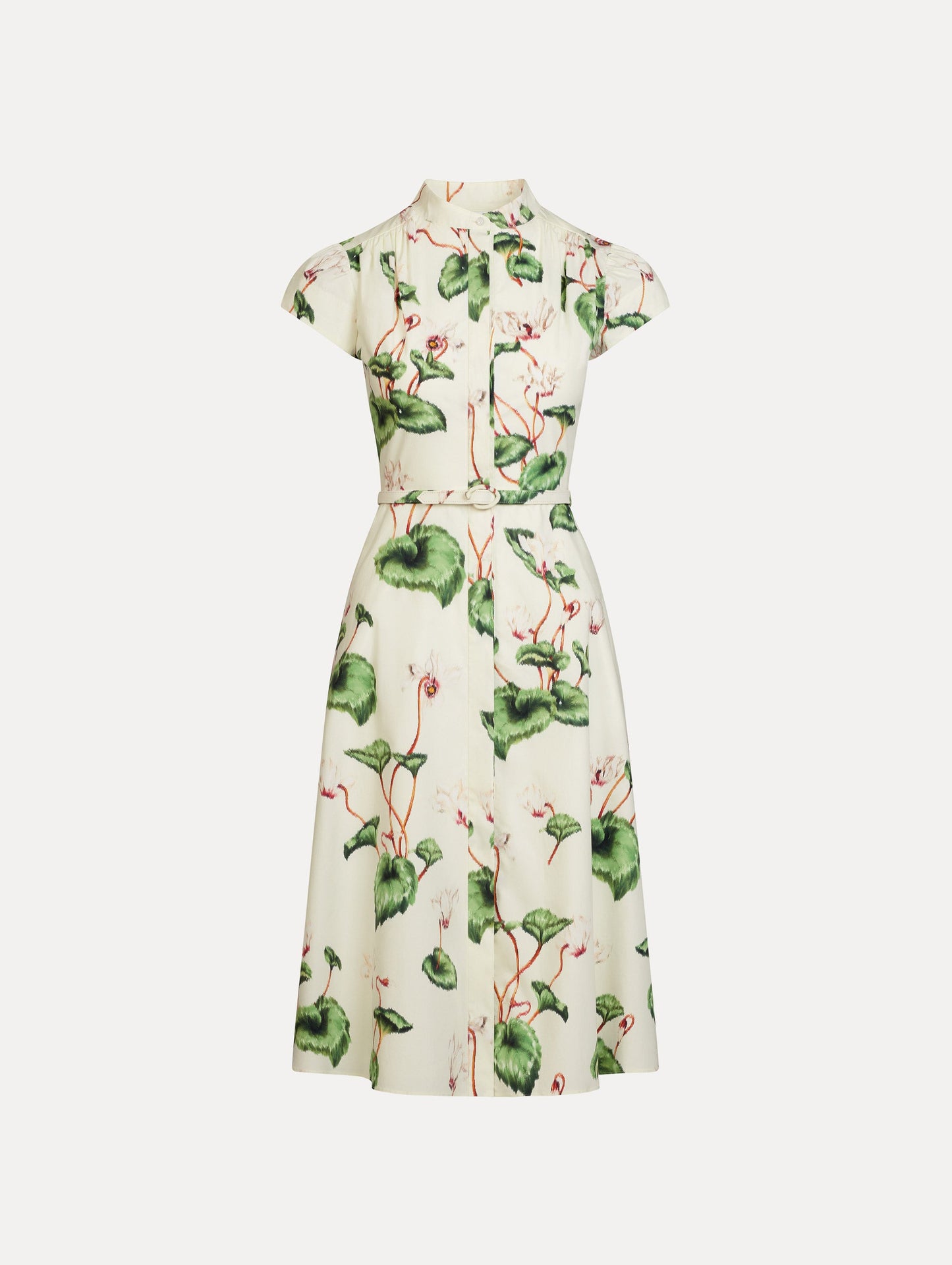Chiné Cyclamen Cotton Poplin Cap Sleeve Dress in the colors White and Ivory, featuring a tailored bodice, flared midi skirt, short sleeves, concealed button front, matching belt at waist, and softly blurred floral print.