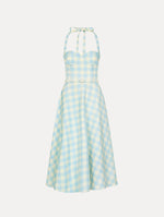 Pale blue and ivory gingham wool-blend halter dress. Structured bodice, flared midi skirt, and covered belt at the waist. Front View.