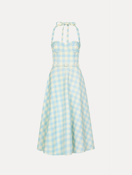 Pale blue and ivory gingham wool-blend halter dress. Structured bodice, flared midi skirt, and covered belt at the waist. Front View.