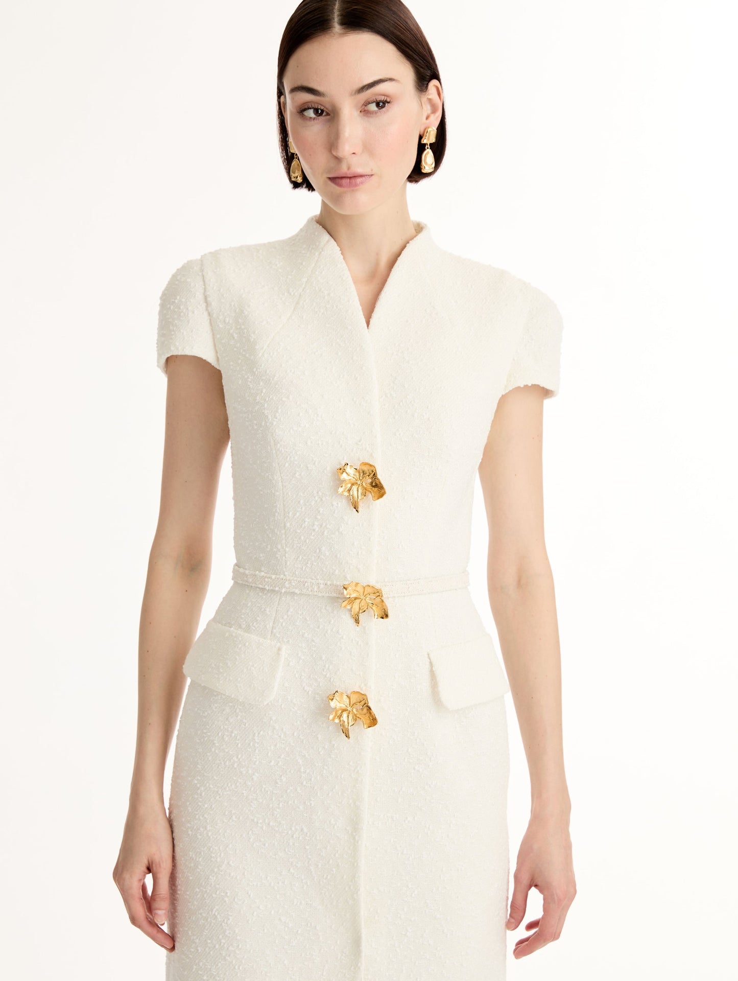 Ivory Cyclamen-Detailed Wool Tweed Dress with belted waist and floral motif gold buttons. Zoom View.