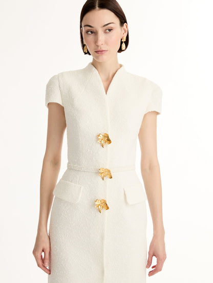 Ivory Cyclamen-Detailed Wool Tweed Dress with belted waist and floral motif gold buttons. Zoom View.