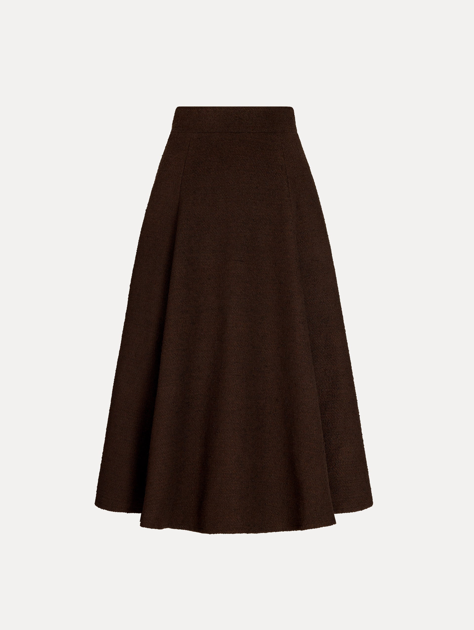 Wool Tweed Pleated Skirt in the color Mahogany Brown, featuring a flared, midi length silhouette.