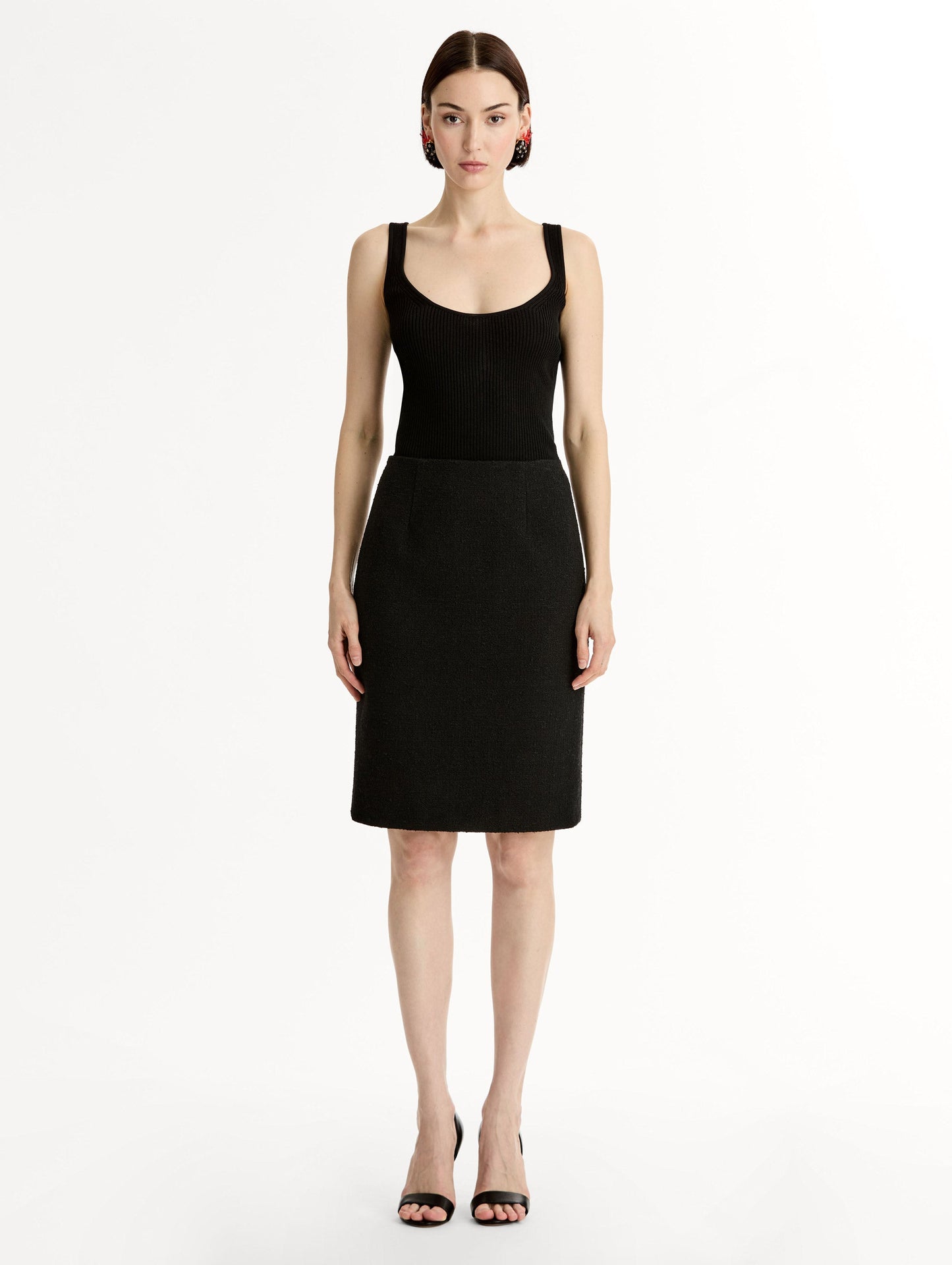 Black Wool Tweed Pencil Skirt, Knee length. Front View