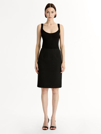Black Wool Tweed Pencil Skirt, Knee length. Front View
