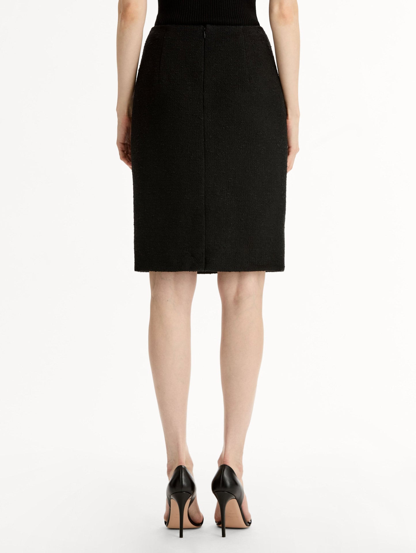 Black Wool Tweed Pencil Skirt, Knee length. Back View