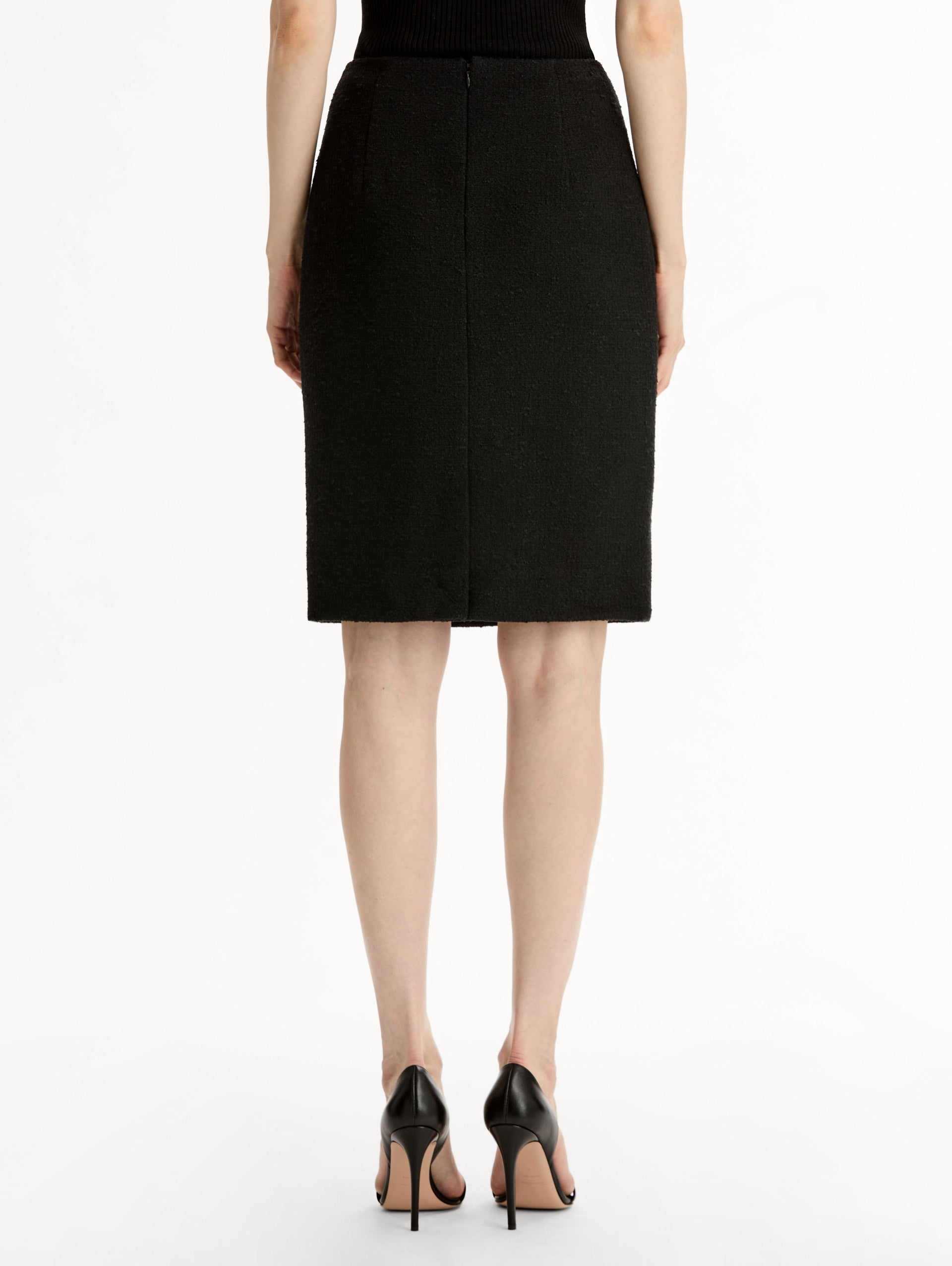 Black Wool Tweed Pencil Skirt, Knee length. Back View