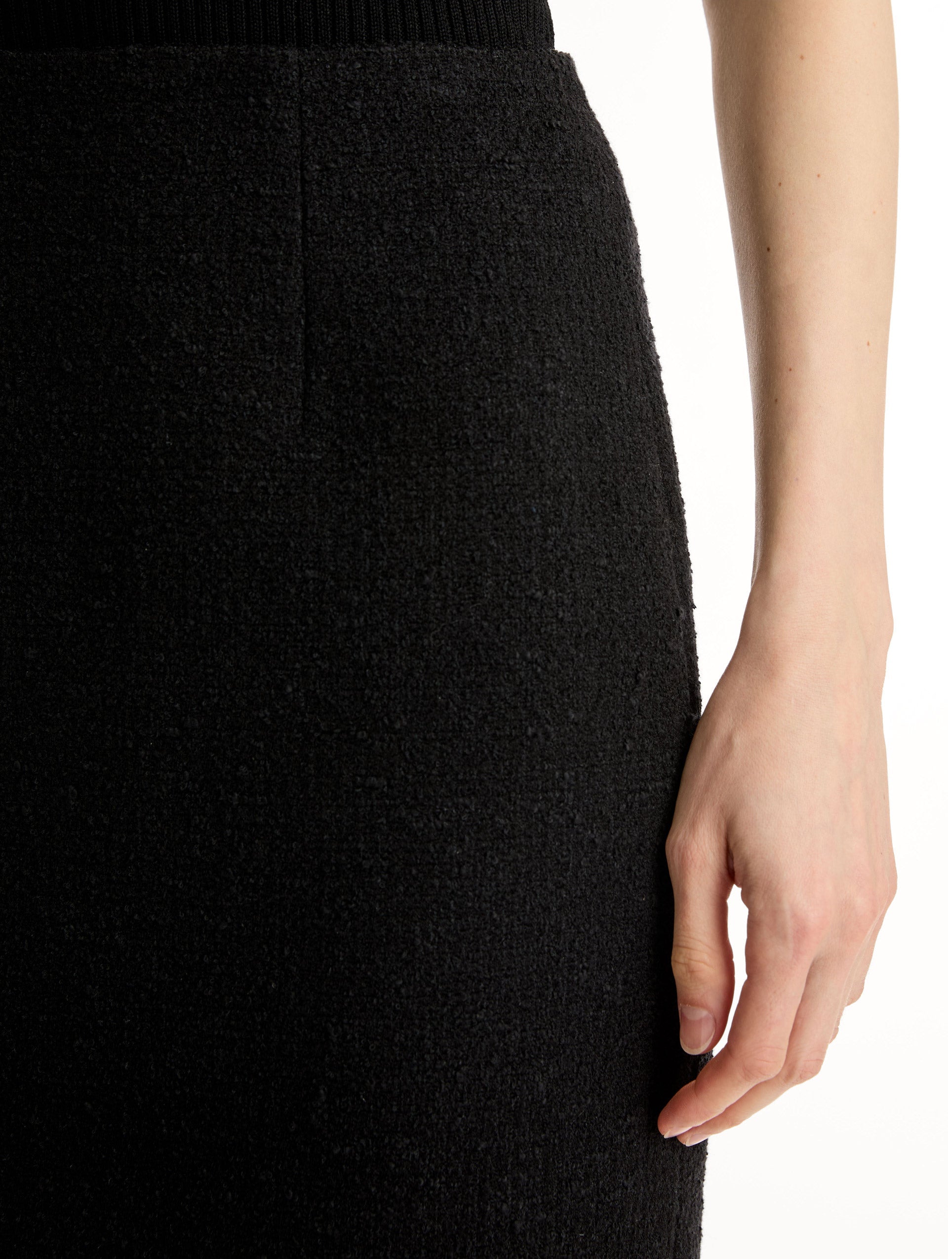 Black Wool Tweed Pencil Skirt, Knee length. Close Up View