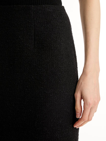 Black Wool Tweed Pencil Skirt, Knee length. Close Up View