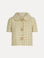 Short Sleeve Cropped Checked Tweed Jacket, Floral Button Closure, Butter Yellow with Green Checks, Rounded Collar. Front View.