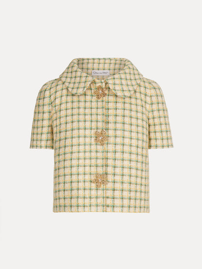 Short Sleeve Cropped Checked Tweed Jacket, Floral Button Closure, Butter Yellow with Green Checks, Rounded Collar. Front View.