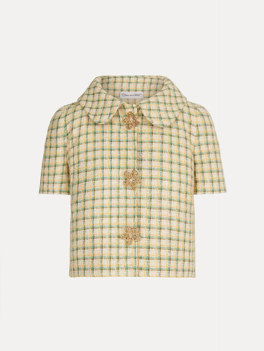 Short Sleeve Cropped Checked Tweed Jacket, Floral Button Closure, Butter Yellow with Green Checks, Rounded Collar. Front View.