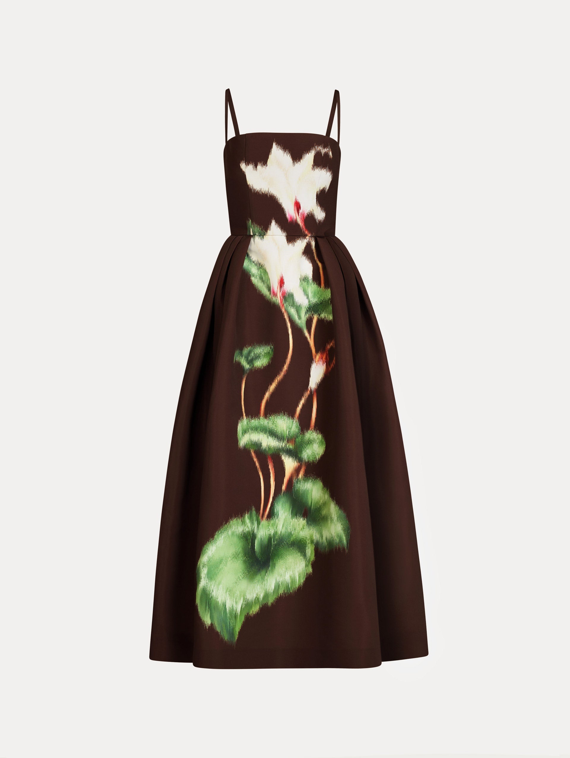Chiné Cyclamen Faille Cocktail Dress in the colors White and Mahogany Brown with delicate straps, voluminous skirt, and softly blurred floral motif.