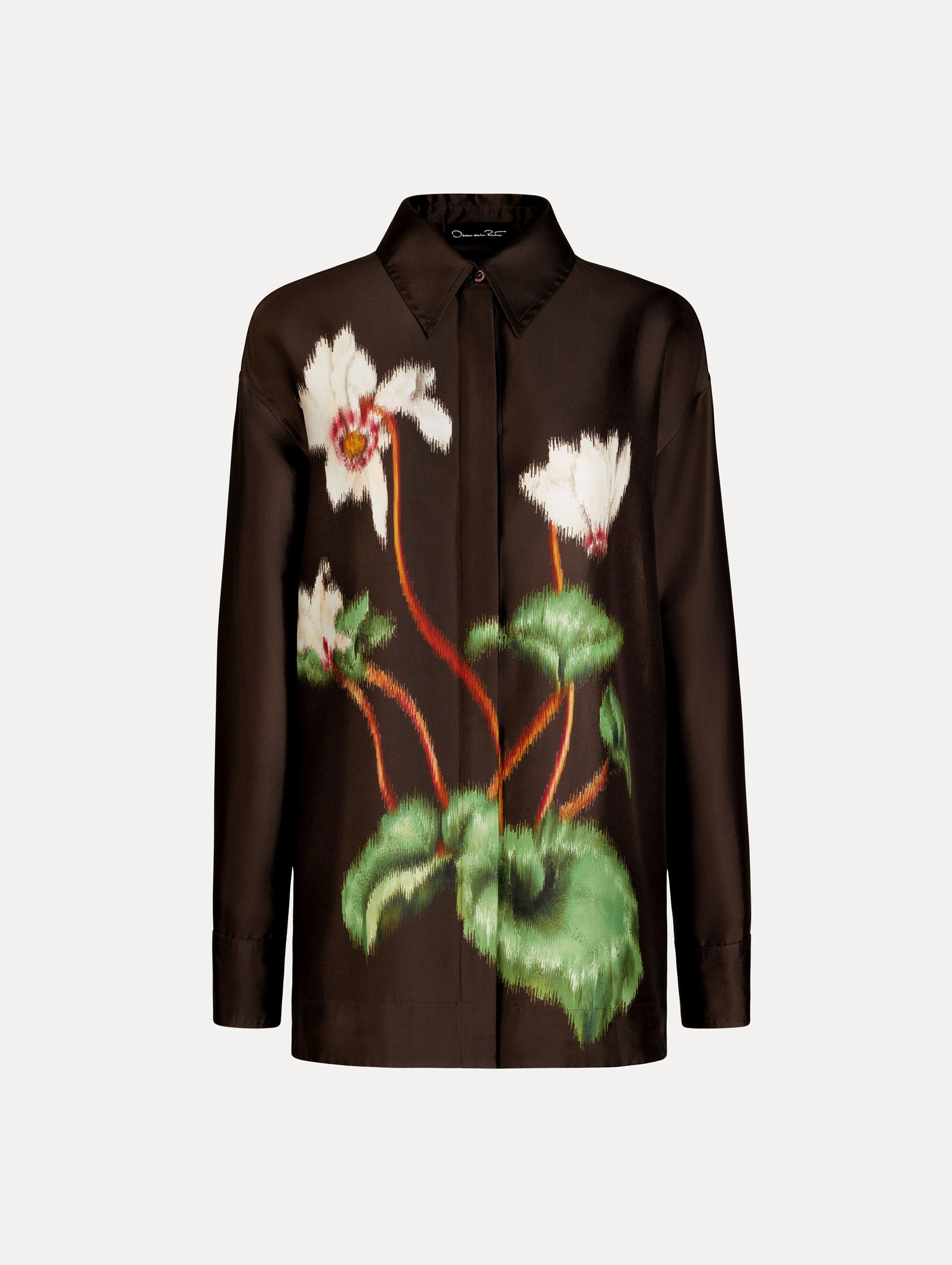 Chiné Cyclamen Silk Mikado Blouse in the color White and Mahogany with concealed button front, classic collar, long sleeves, and softly blurred floral motif.