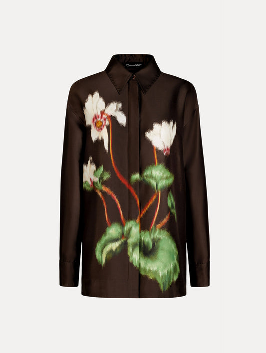 Chiné Cyclamen Silk Mikado Blouse in the color White and Mahogany with concealed button front, classic collar, long sleeves, and softly blurred floral motif.