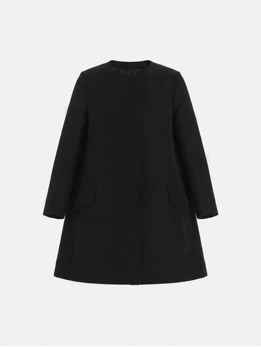 The Silk Faille Short Coat with flap pockets in the color black.