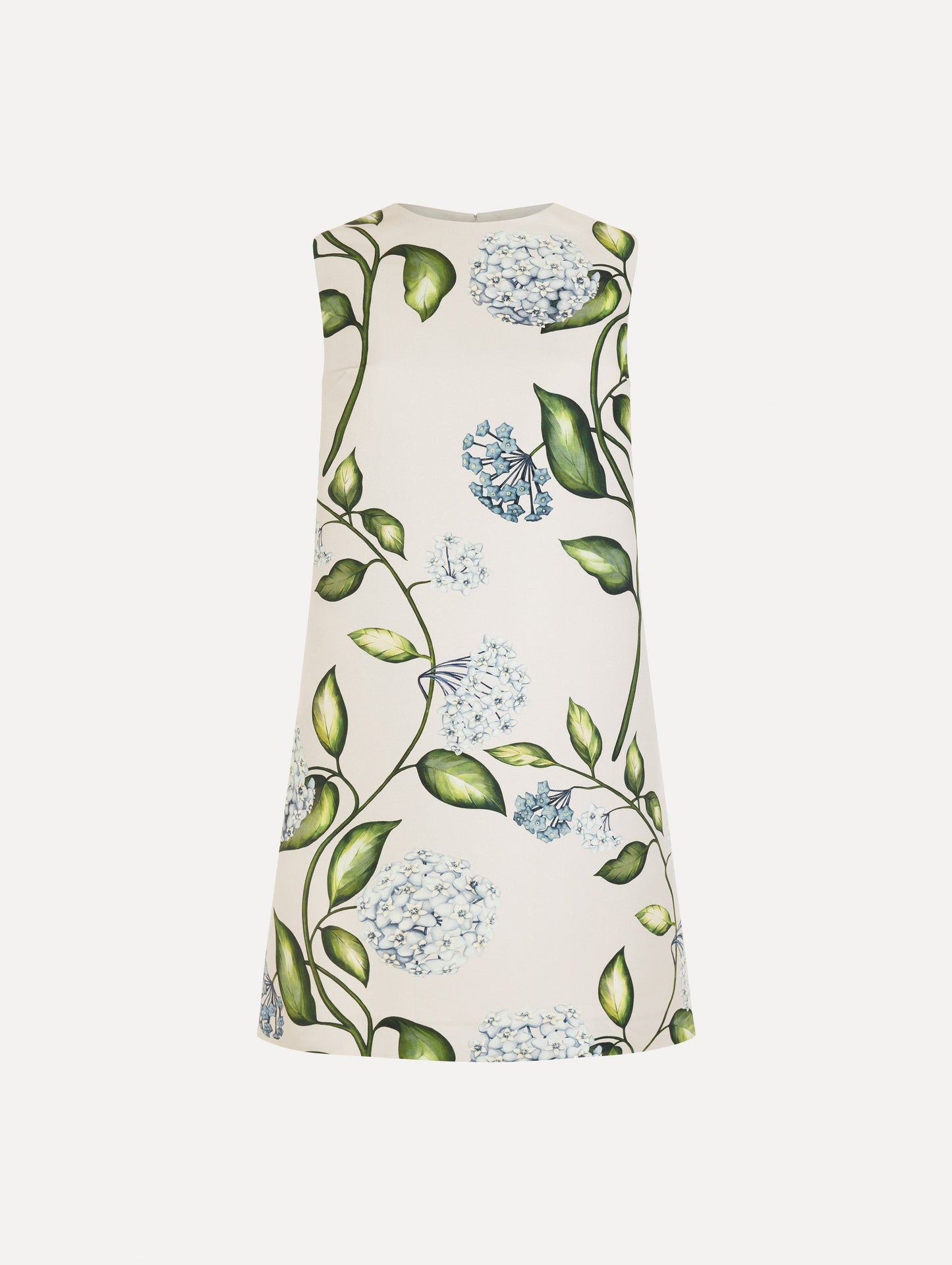 The Porcelain Flower Faille Shift Dress in white featuring a mini-length and printed floral motif. Front View.