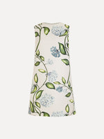 The Porcelain Flower Faille Shift Dress in white featuring a mini-length and printed floral motif. Front View.