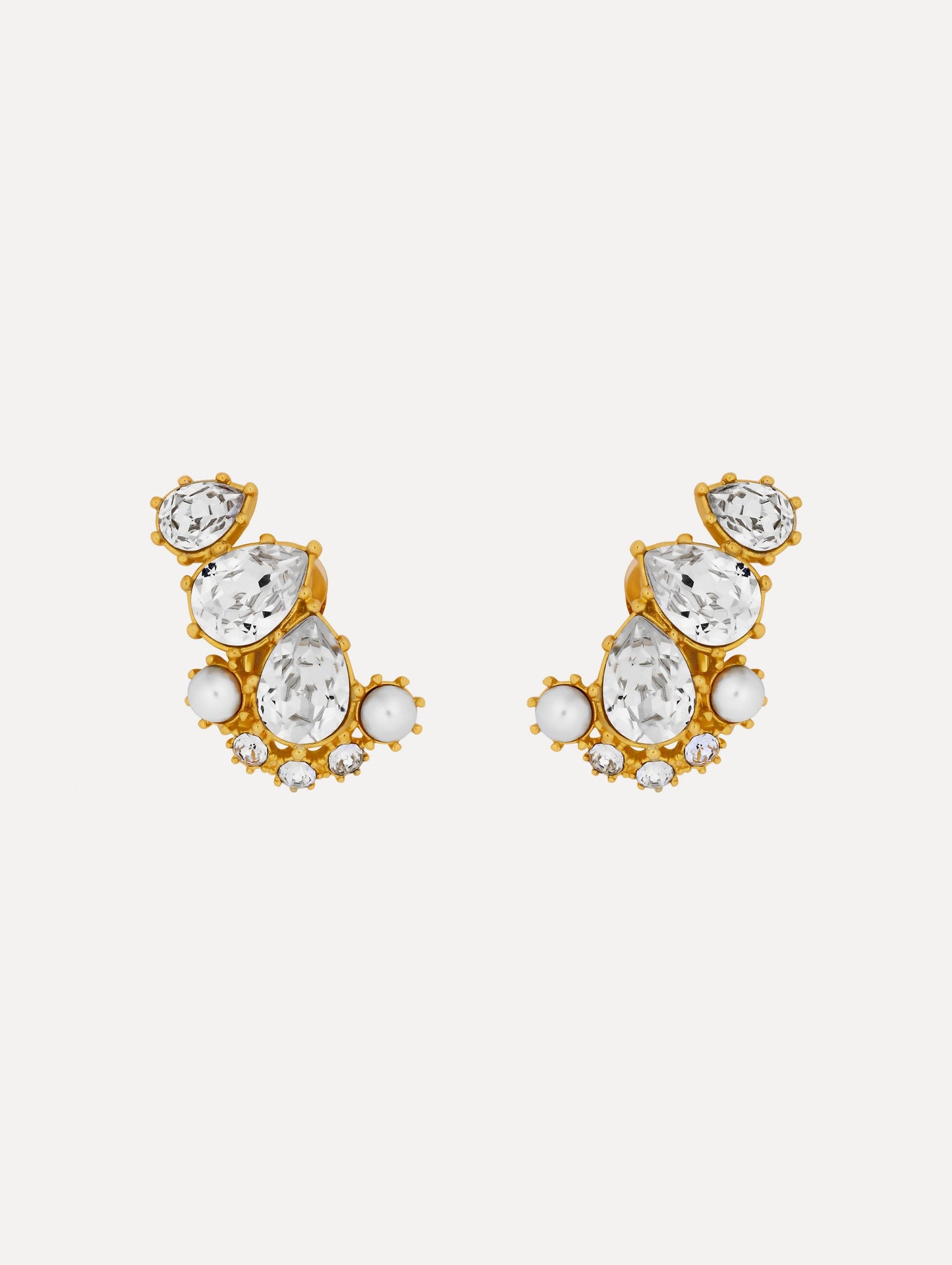 Gold Faceted Crystal Cuff Clip-On Earrings featuring teardrop crystals, round pearls, and pavé accents.
