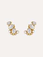 Gold Faceted Crystal Cuff Clip-On Earrings featuring teardrop crystals, round pearls, and pavé accents.