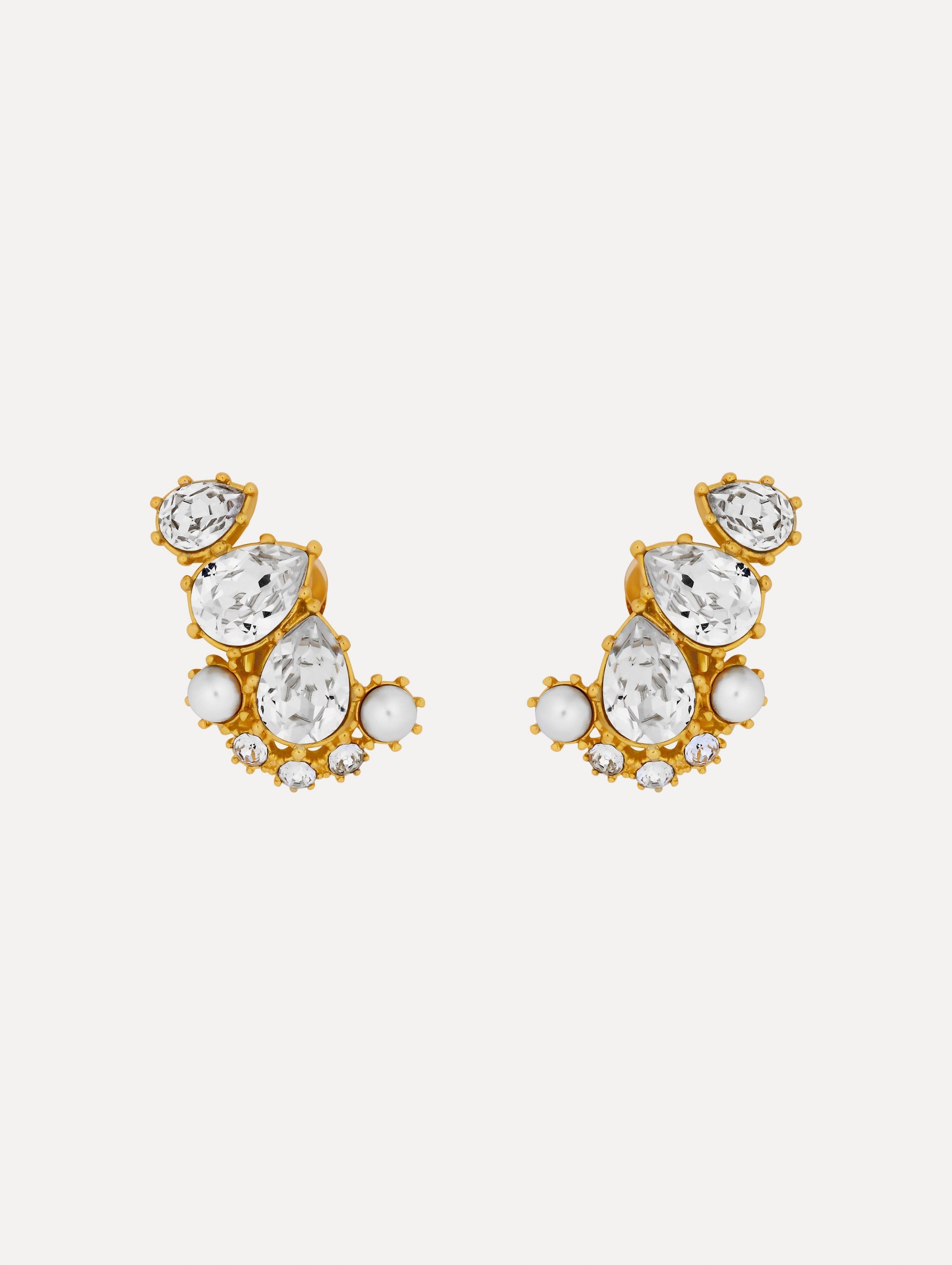 Gold Faceted Crystal Cuff Clip-On Earrings featuring teardrop crystals, round pearls, and pavé accents.