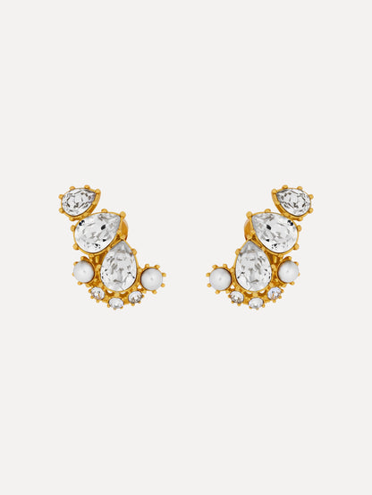 Gold Faceted Crystal Cuff Clip-On Earrings featuring teardrop crystals, round pearls, and pavé accents.