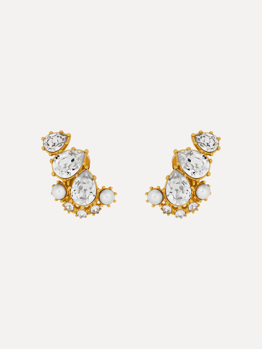 Gold Faceted Crystal Cuff Clip-On Earrings featuring teardrop crystals, round pearls, and pavé accents.