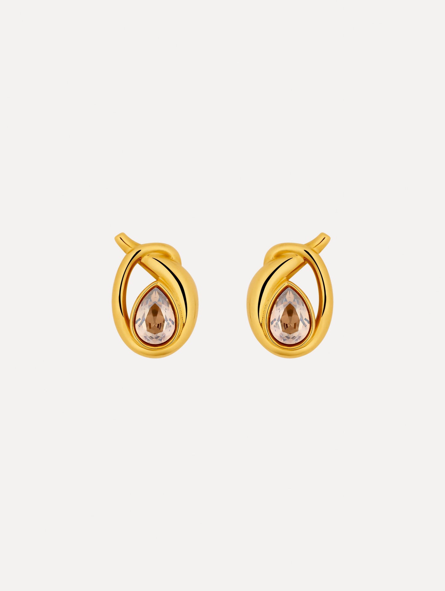 Gold Looped Teardrop Earrings featuring teardrop brown crystals encased in a twisted knot design.