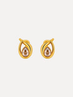 Gold Looped Teardrop Earrings featuring teardrop brown crystals encased in a twisted knot design.