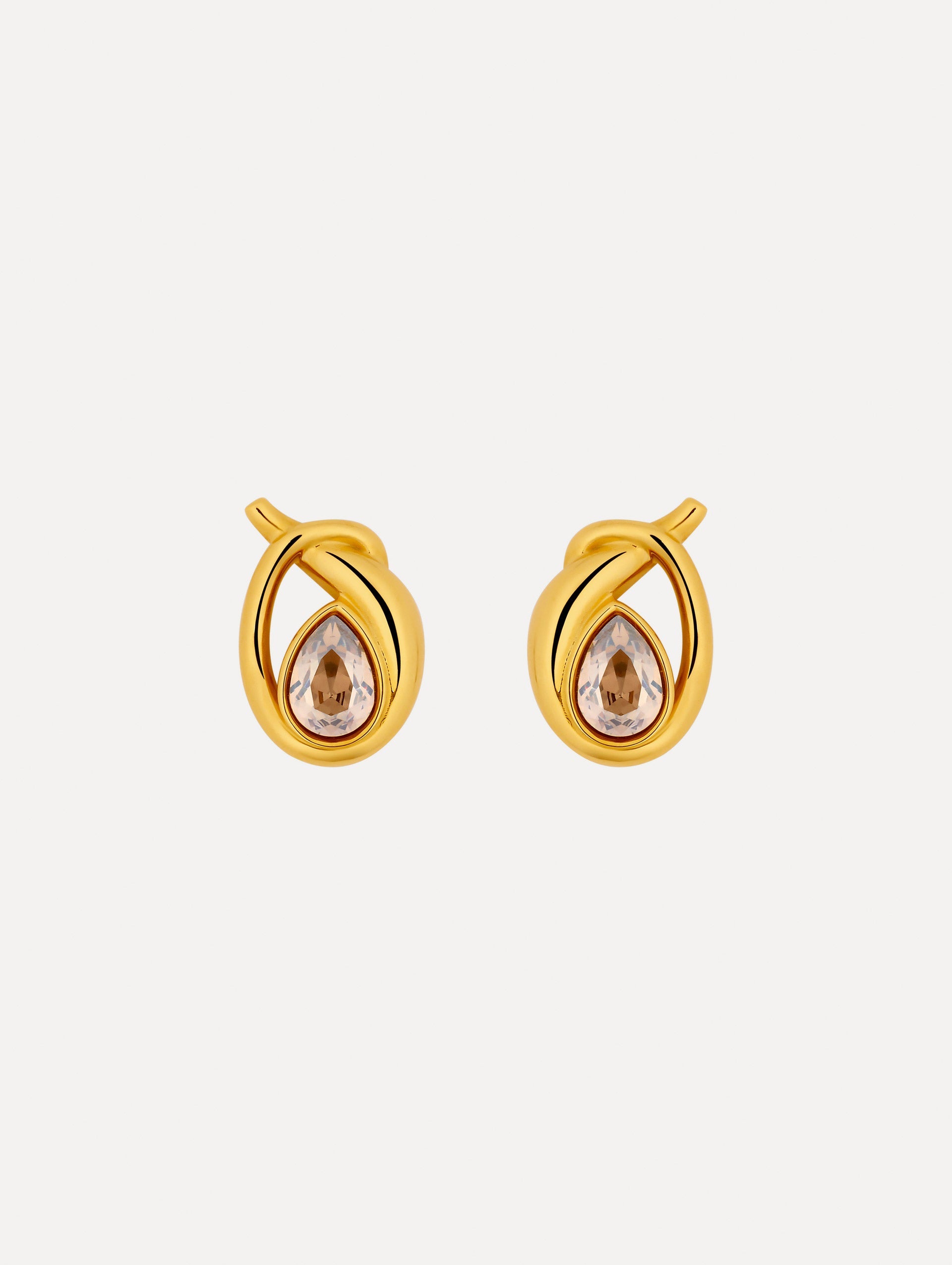 Gold Looped Teardrop Earrings featuring teardrop brown crystals encased in a twisted knot design.