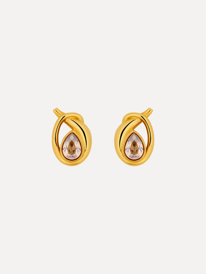 Gold Looped Teardrop Earrings featuring teardrop brown crystals encased in a twisted knot design.