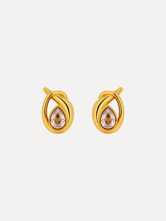 Gold Looped Teardrop Earrings featuring teardrop brown crystals encased in a twisted knot design.