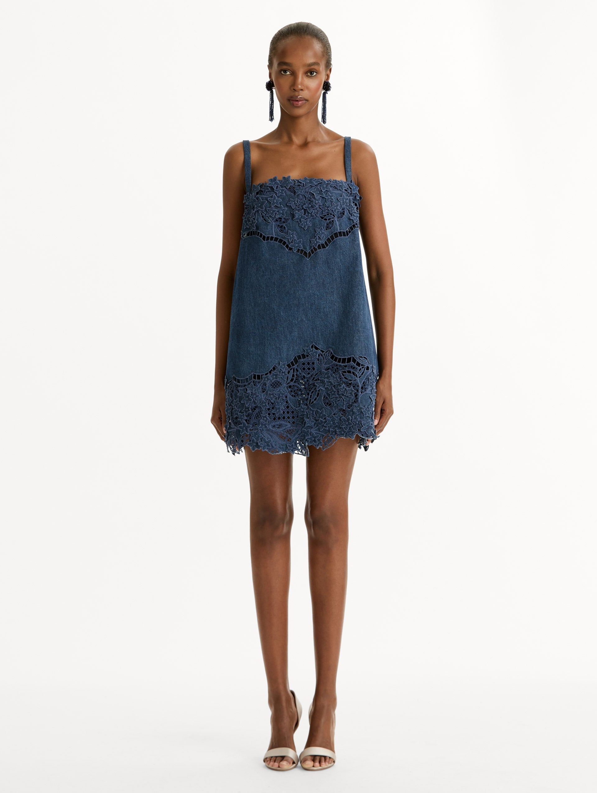 Porcelain Flower Cutout Denim Mini Dress, Straps, Narrow Straps, Detailed thread-work. Front View