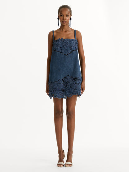Porcelain Flower Cutout Denim Mini Dress, Straps, Narrow Straps, Detailed thread-work. Front View