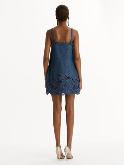 Porcelain Flower Cutout Denim Mini Dress, Straps, Narrow Straps, Detailed thread-work. Back View