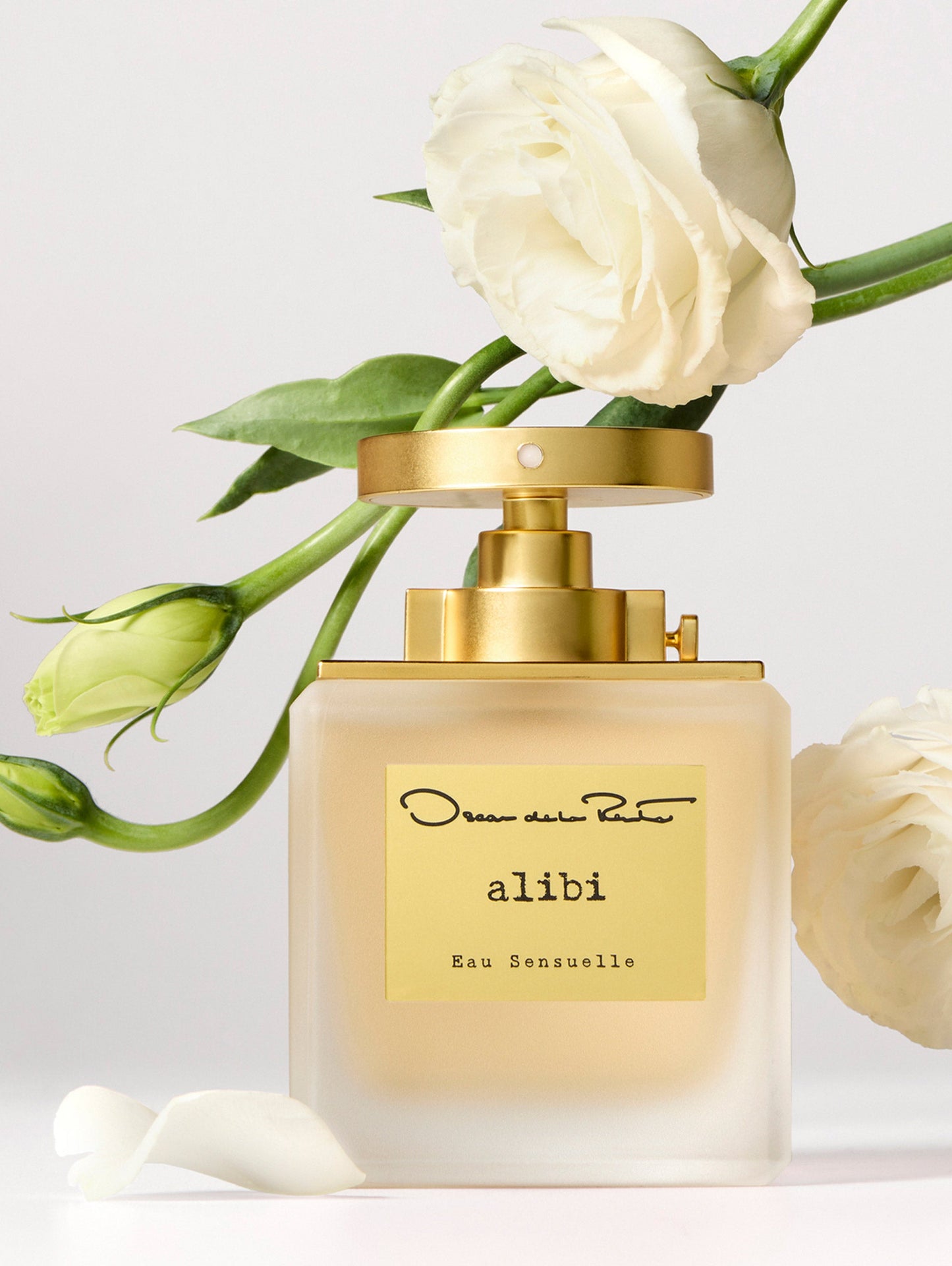 Oscar Alibi Yellow Perfume Bottle Surrounded by White Roses Front View