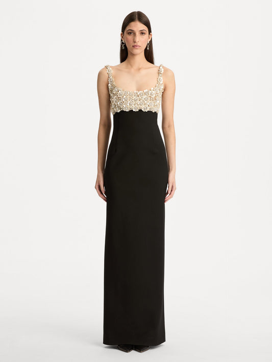 Black Embroidered Sleeveless Gown with a form fitting, floor length silhouette and an embellished bodice. Front View.